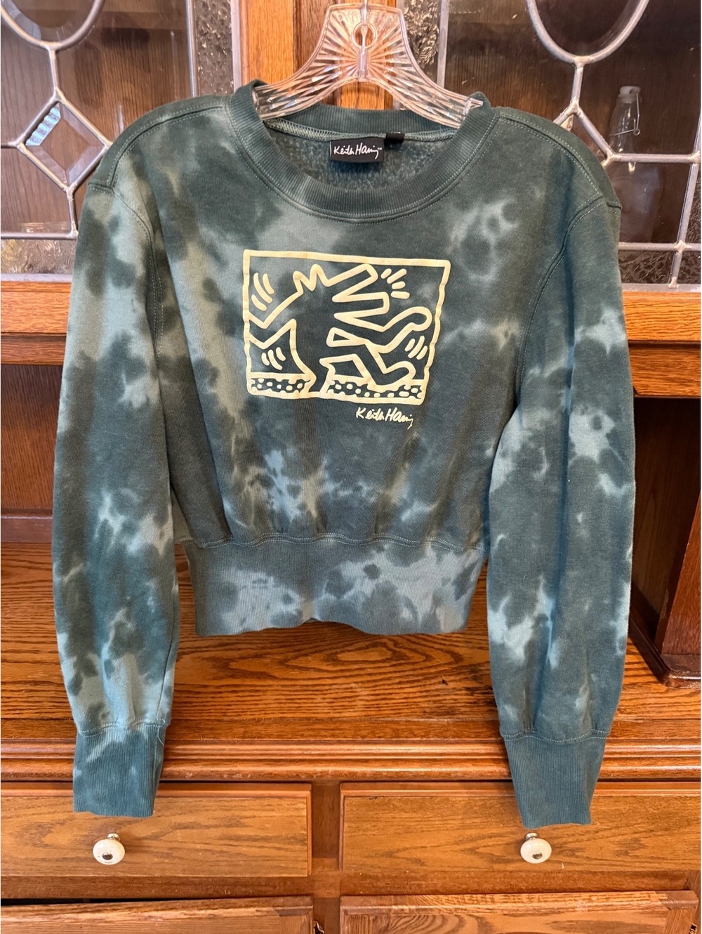 Keith Haring Green Tie Dye Crop Sweatshirt LG Dancing Figures